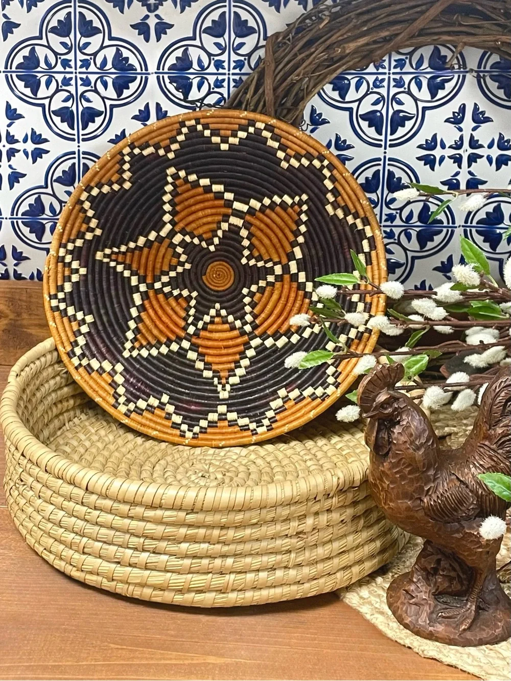 Vtg Handwoven Basket Bundle of 2 Sweetgrass Geometric Star Folk Art Boho Deco